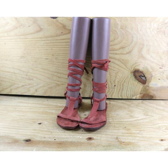 Free People Sandals 7.5 Red Leather Dahlia Gladiator Lace Up Shoes - Picture 3 of 8